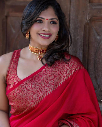 RED SEMI SILK SAREE WEAVED WITH GOLDEN ZARI WITH ATTACHED HEAVY BROCADE BLOUSE