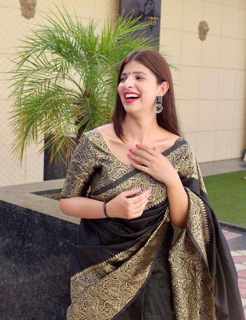 BLACK SEMI SILK SAREE WEAVED WITH GOLDEN ZARI WITH ATTACHED HEAVY BROCADE BLOUSE