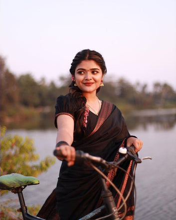 BLACK PURE SOFT SEMI SILK SAREE WITH ATTRACTIVE BLOUSE PIECE