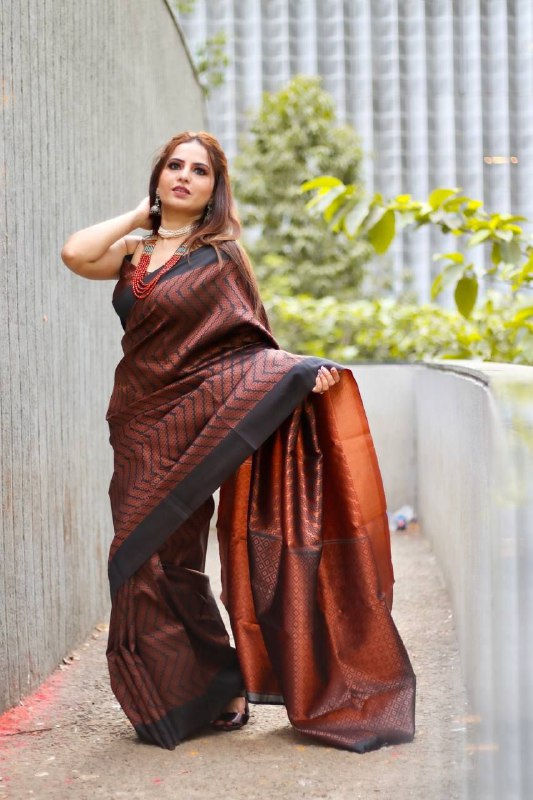 BLACK SEMI SILK SAREE WEAVED WITH COPPER ZARI WITH ATTACHED HEAVY BROCADE BLOUSE