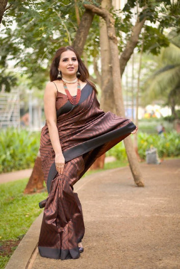 BLACK SEMI SILK SAREE WEAVED WITH COPPER ZARI WITH ATTACHED HEAVY BROCADE BLOUSE
