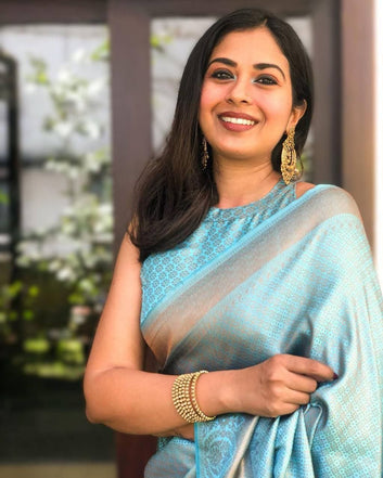QUINTESSENTIAL SKY PURE SOFT SILK SAREE WITH MAGNIFIC BLOUSE PIECE