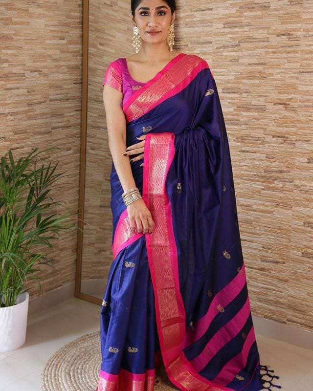 BLUE & PINK PURE SOFT SILK SAREE WITH TWIRLING BLOUSE PIECE