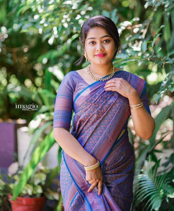 SNAZZY VIOLET PURE SOFT SILK SAREE WITH CONFOUNDING BLOUSE PIECE