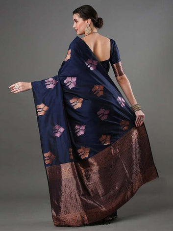 Lagniappe Navy Blue Soft Silk Saree With Ratatouille Blouse Piece