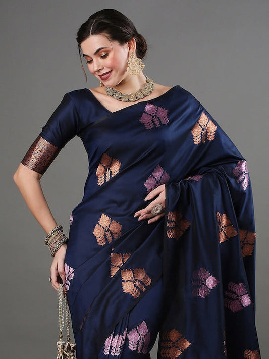 Lagniappe Navy Blue Soft Silk Saree With Ratatouille Blouse Piece
