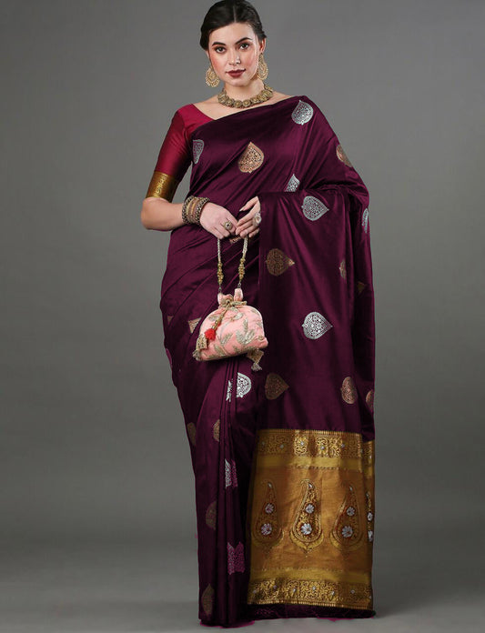 Desultory Wine Soft Silk Saree With Brood Blouse Piece