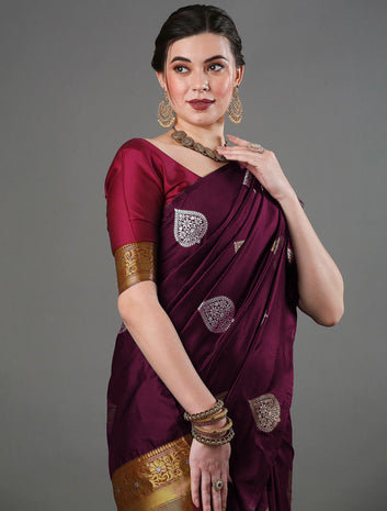Desultory Wine Soft Silk Saree With Brood Blouse Piece