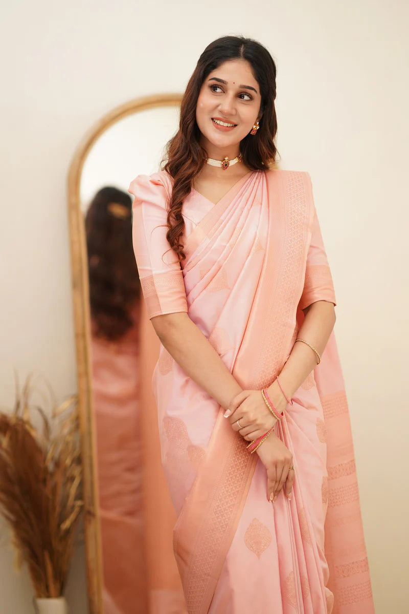 Appealing Baby Pink Soft Silk Saree With Pleasant Blouse Piece
