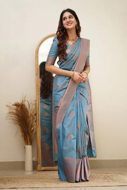 Exuberant Sky Soft Silk Saree With Lissome Blouse Piece