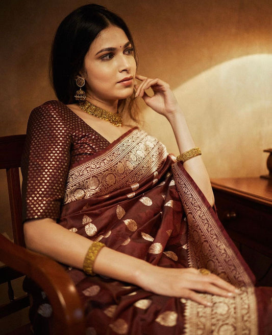 Prettiest Brown Soft Silk Saree With Hypnotic Blouse Piece