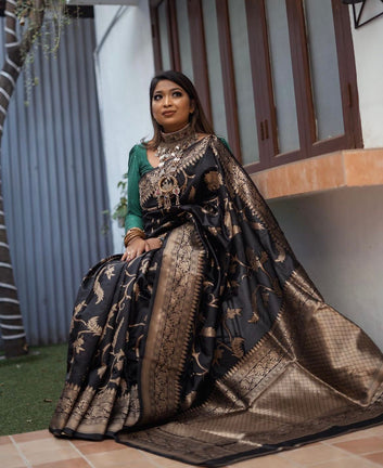 Energetic Black Soft Silk Saree With Staring Blouse Piece