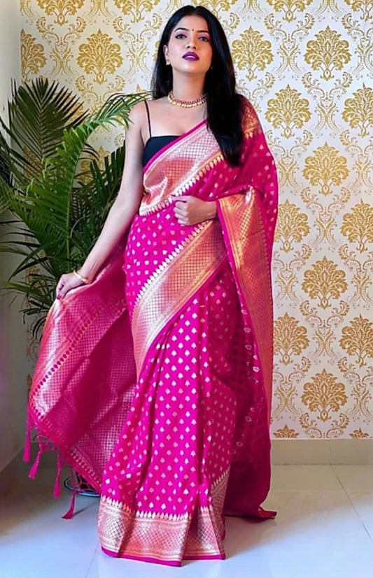 Ratatouille Dark Pink Soft Silk Saree With Gossamer Blouse Piece