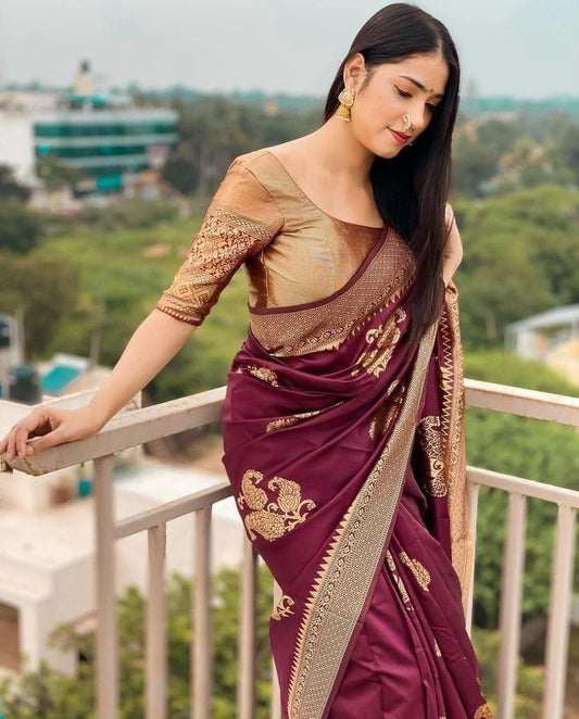 Elaborate Wine Soft Silk Saree With Luxuriant Blouse Piece