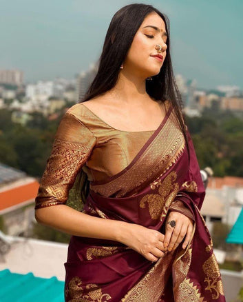 Elaborate Wine Soft Silk Saree With Luxuriant Blouse Piece