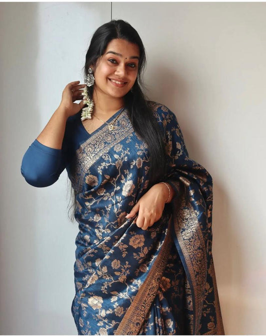 Smart Teal Blue Soft Silk Saree With Groovy Blouse Piece