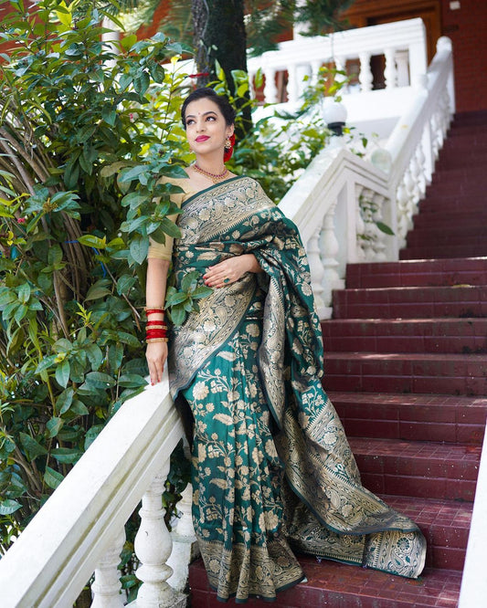 Enticing Rama Soft Silk Saree With Elision Blouse Piece