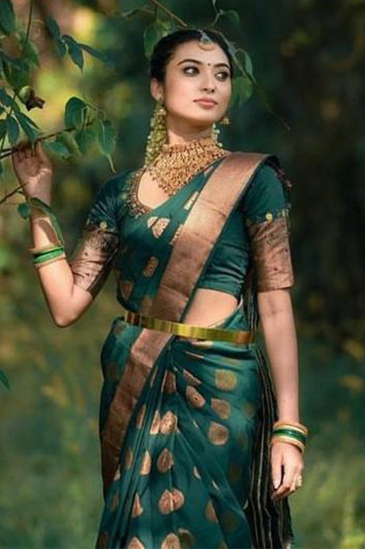 Exuberant Dark Green Soft Silk Saree With Amiable Blouse Piece