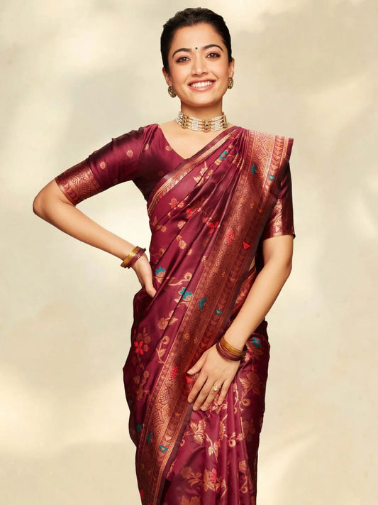 Exuberant Wine Soft Silk Saree With Magnetic Blouse Piece