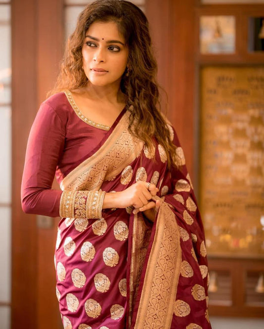 Symmetrical Brown Soft Silk Saree With Prodigal Blouse Piece