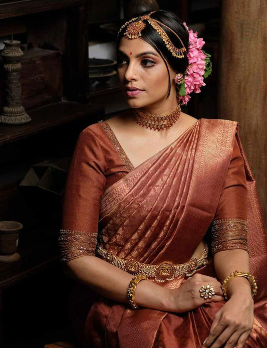 Fantabulous Brown Soft Silk Saree With Glittering Blouse Piece