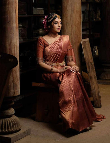 Fantabulous Brown Soft Silk Saree With Glittering Blouse Piece