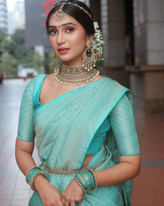 Majesty Firozi Soft Silk Saree With Fairytale Blouse Piece