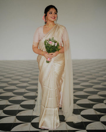 Glittering Beige Soft Silk Saree With Exuberant Blouse Piece