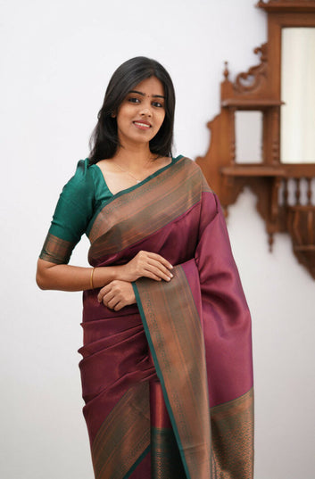 Hypnotic Maroon Soft Silk Saree With Surpassing Blouse Piece
