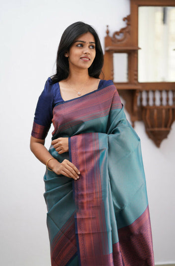 Pleasant Rama Soft Silk Saree With Comely Blouse Piece