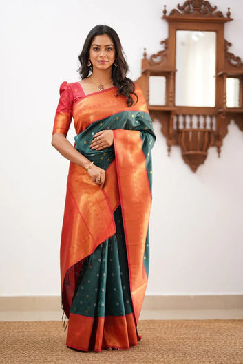 Assemblage Dark Green Soft Silk Saree With Adoring Blouse Piece