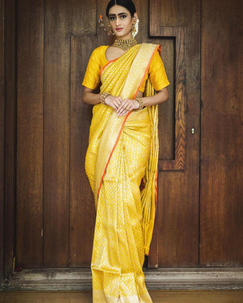 Diaphanous Yellow Soft Silk Saree With Excellent Blouse Piece