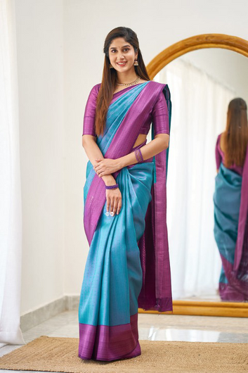 Sumptuous Firozi Soft Silk Saree With Woebegone Blouse Piece