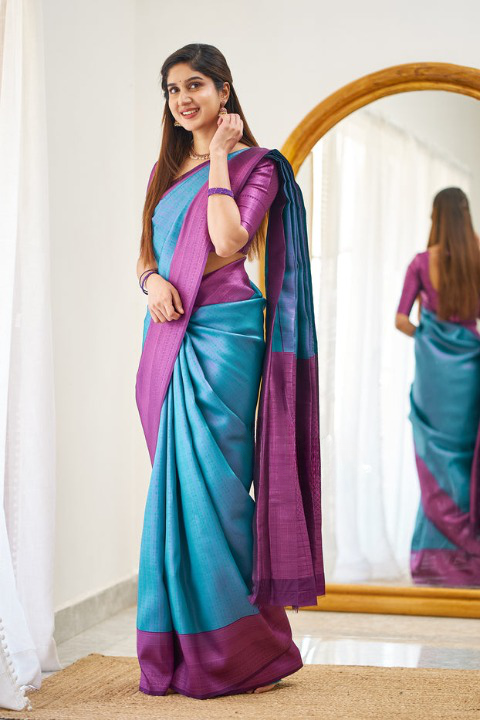 Sumptuous Firozi Soft Silk Saree With Woebegone Blouse Piece