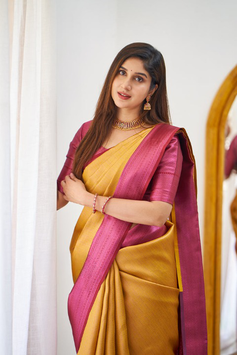 Delectable Mustard Soft Silk Saree With Staggering Blouse Piece