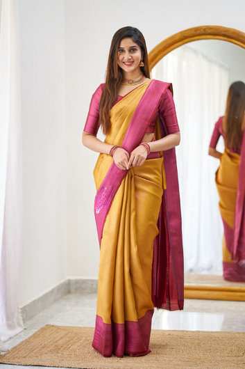 Delectable Mustard Soft Silk Saree With Staggering Blouse Piece