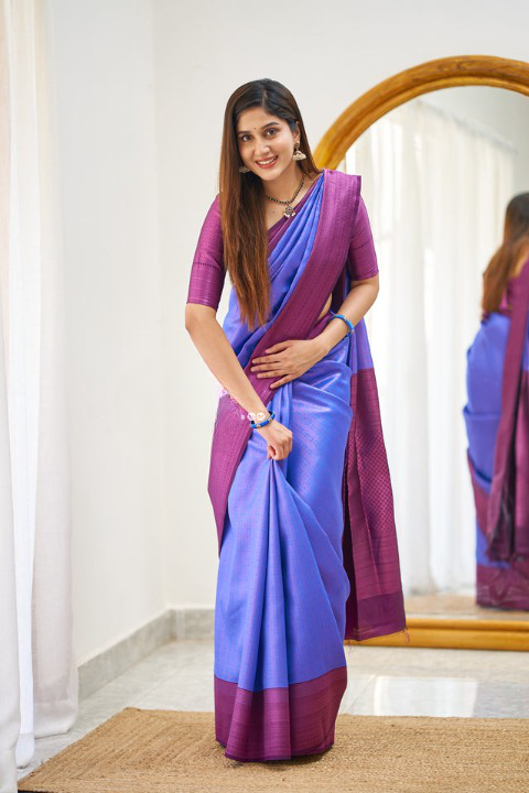 Fugacious Royal Blue Soft Silk Saree With Palimpsest Blouse Piece