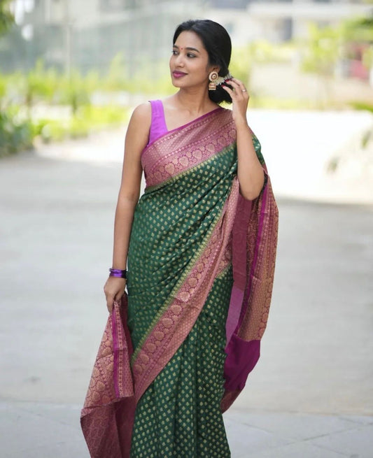 Majesty Green Soft Silk Saree With Fairytale Blouse Piece