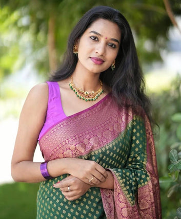 Majesty Green Soft Silk Saree With Fairytale Blouse Piece