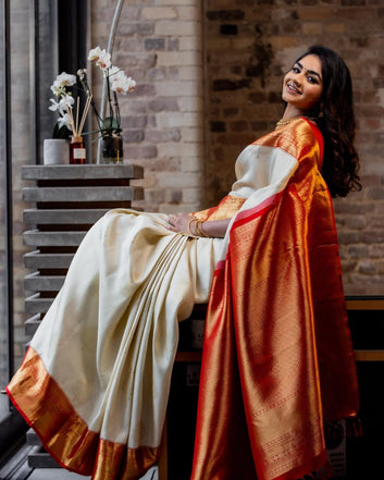Most Stunning Off White Soft Silk Saree With Traditional Blouse Piece