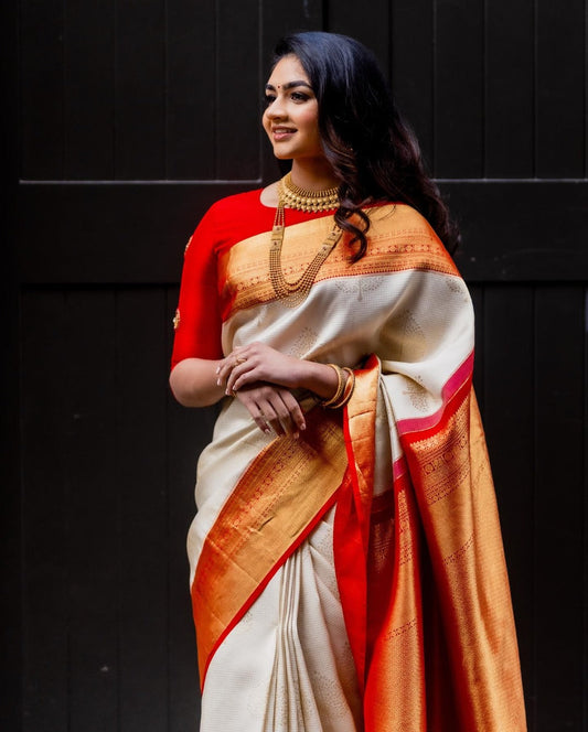 Most Stunning Off White Soft Silk Saree With Traditional Blouse Piece