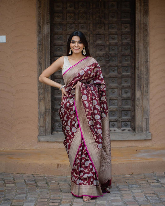 Magnificat Wine Soft Silk Saree With Panoply Blouse Piece