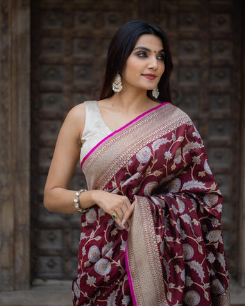 Magnificat Wine Soft Silk Saree With Panoply Blouse Piece
