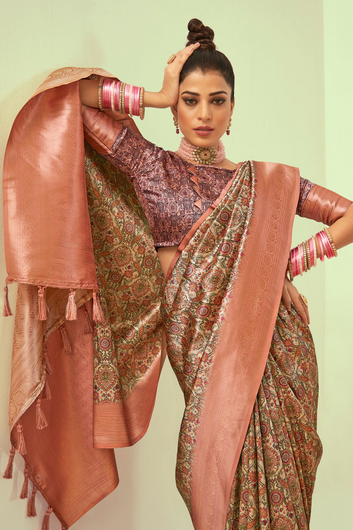 Alluring Brown Soft Silk Saree With Skinny Blouse Piece