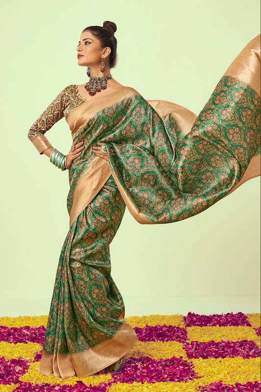 Demanding Mehndi Soft Silk Saree With Breathtaking Blouse Piece