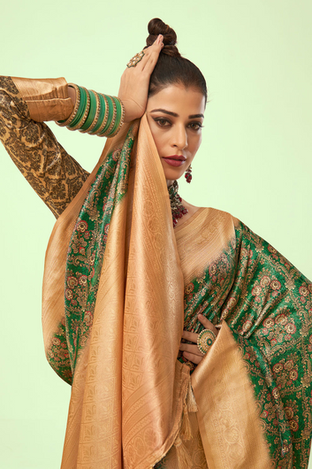 Demanding Mehndi Soft Silk Saree With Breathtaking Blouse Piece