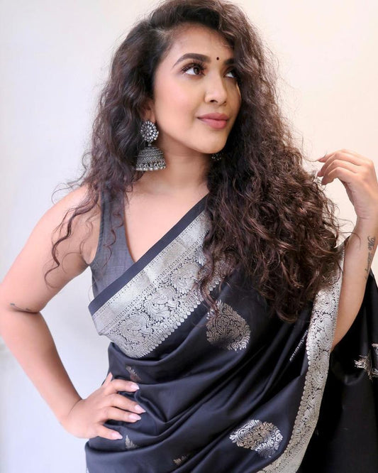 Glorious Black Soft Silk Saree With Super Arresting Blouse Piece