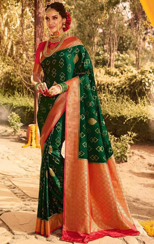 Devastating Dark Green Soft Silk Saree With Enchanting Blouse Piece