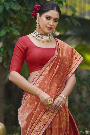 Denouement Red Soft Silk Saree With Profuse Blouse Piece
