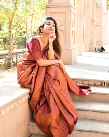 Unique Wine Soft Silk Saree With Wonderful Blouse Piece
